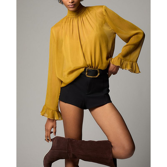 Anthropologie Tops - Anthropologie Long-Sleeve Yellow Polyester High-Neck Sheer Blouse Size M